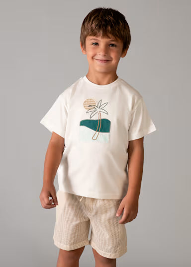 Conjunto Bermudas E T-Shirt Com Bordado Menino Mocca
