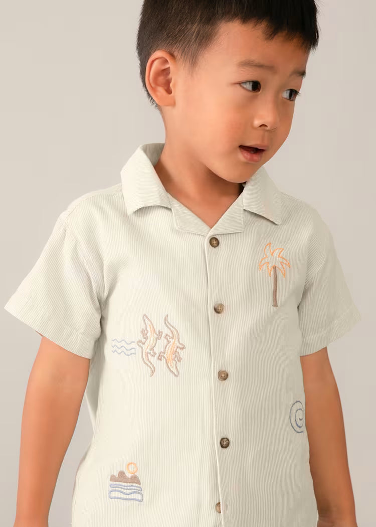 Camisa Detalhes Bordados Menino Linho